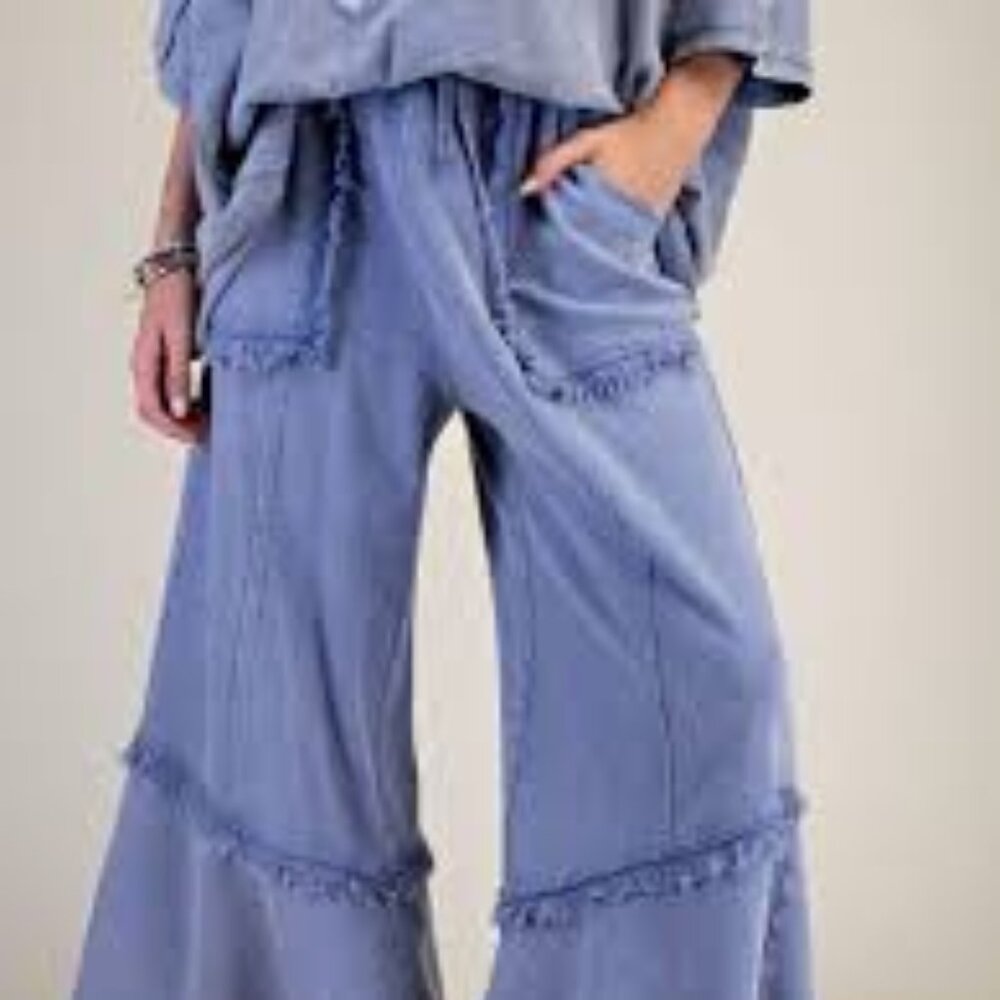 Wide Leg Fringe Trim Pants - Light Blue